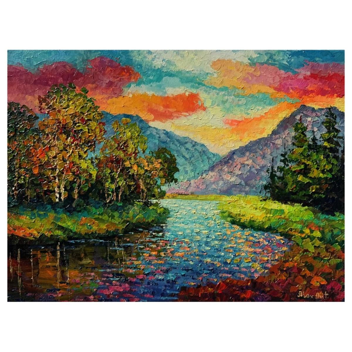 Alexander Antanenka, "Sunset Meadow" Hand Signed Original Painting on Canvas with Letter of Authenticity.