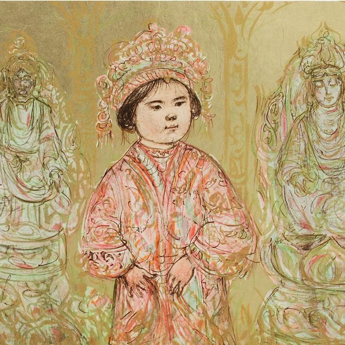 Willie and Two Quan Yins Limited Edition Lithograph by Edna Hibel, Numbered and Hand Signed with Certificate of Authenticity.