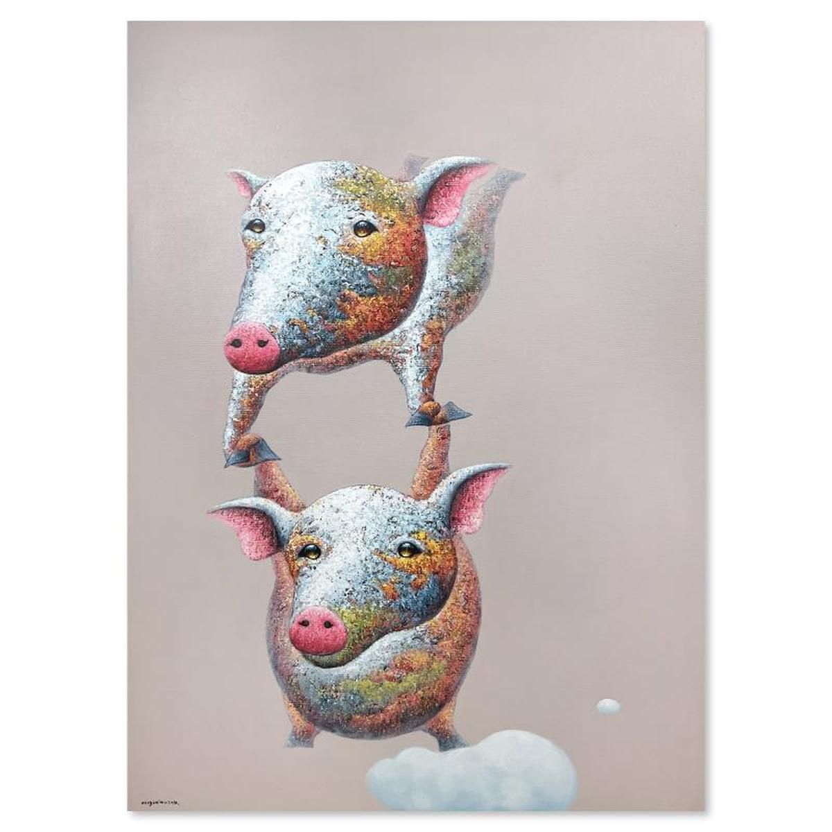 Wang, "Piggy Back" Original Mixed Media Painting on Gallery Wrapped Canvas (59" x 43"), Hand Signed with Letter of Authenticity.