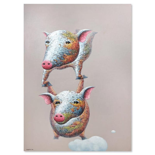 Wang, "Piggy Back" Original Mixed Media Painting on Gallery Wrapped Canvas (59" x 43"), Hand Signed with Letter of Authenticity.