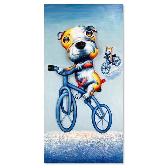 Wang, "Biking Brothers" Hand Painted Limited Edition Bas Relief Sculpture, Numbered 3/3, Hand Signed and Letter of Authenticity.