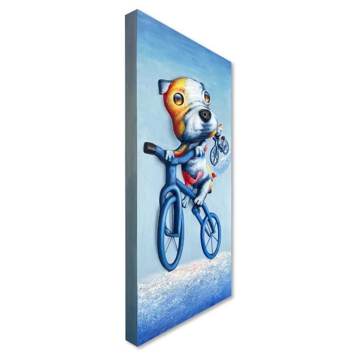 Wang, "Biking Brothers" Hand Painted Limited Edition Bas Relief Sculpture, Numbered 3/3, Hand Signed and Letter of Authenticity.