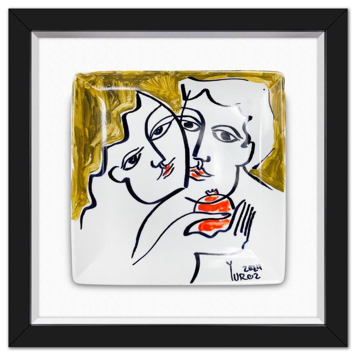 Yuroz, Framed Hand Painted Ceramic Plate, Hand Signed with Letter of Authenticity.