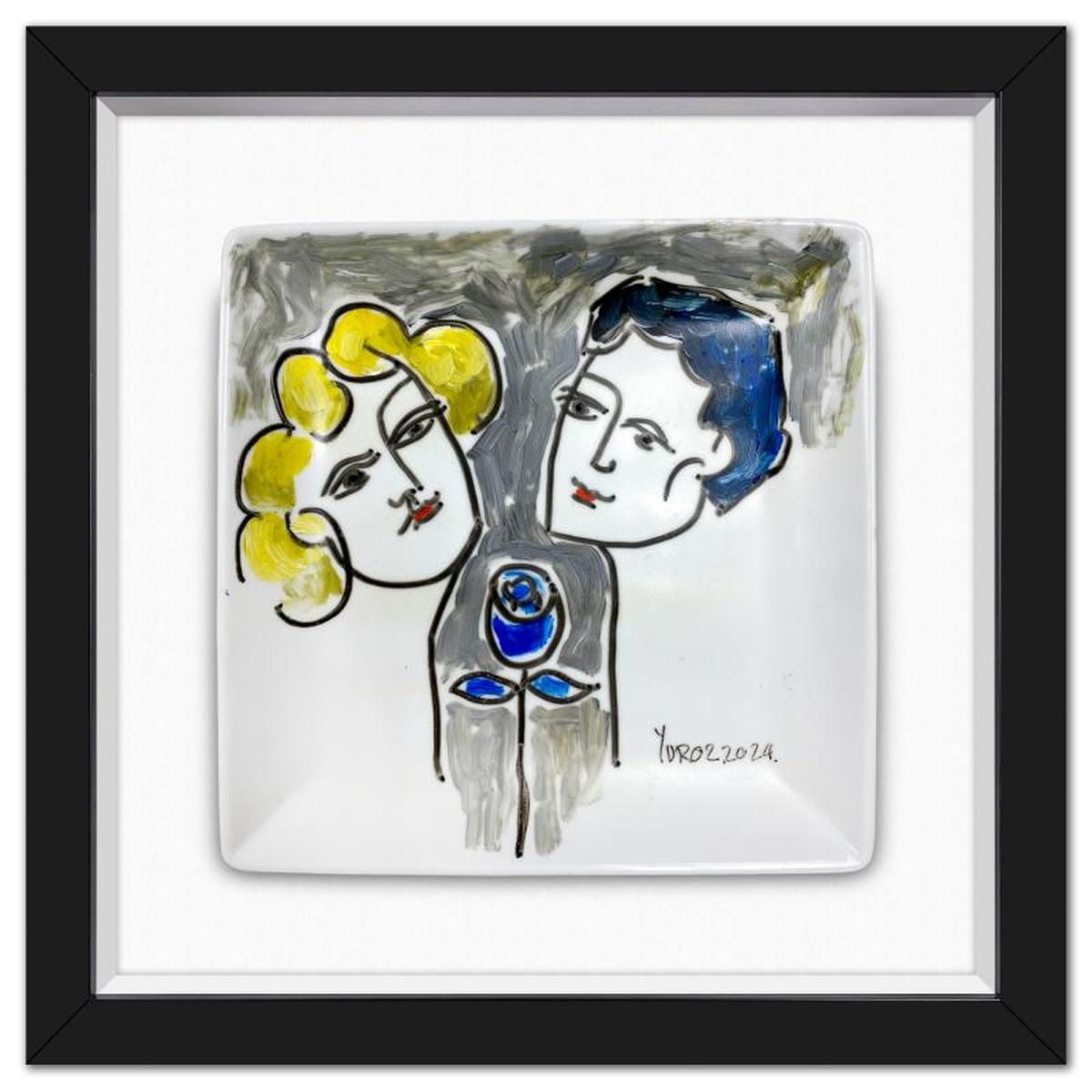 Yuroz, Framed Hand Painted Ceramic Plate, Hand Signed with Letter of Authenticity.