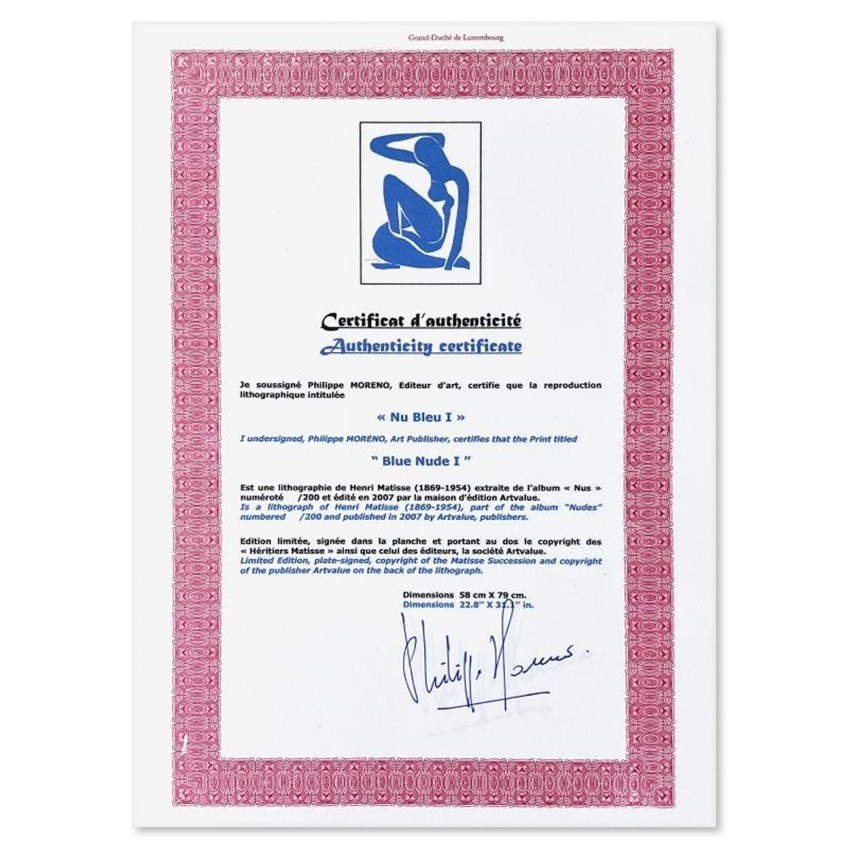 Henri Matisse 1869-1954 (After), "Nu Bleu I" Limited Edition Lithograph with Certificate of Authenticity.