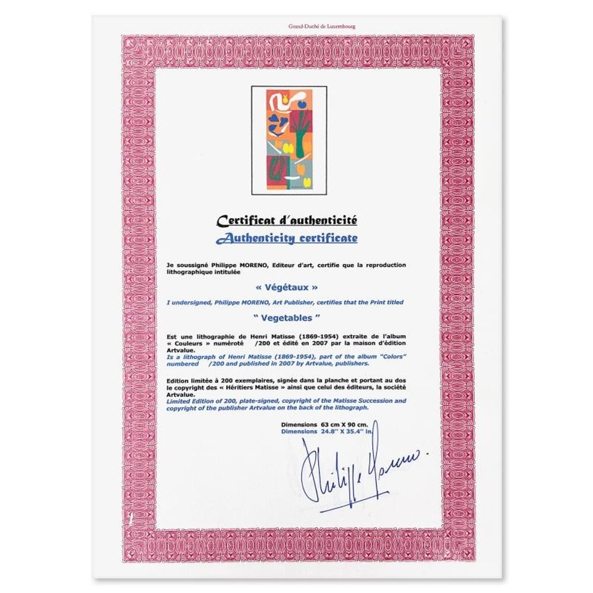 Henri Matisse 1869-1954 (After), "Vegetaux" Limited Edition Lithograph with Certificate of Authenticity.