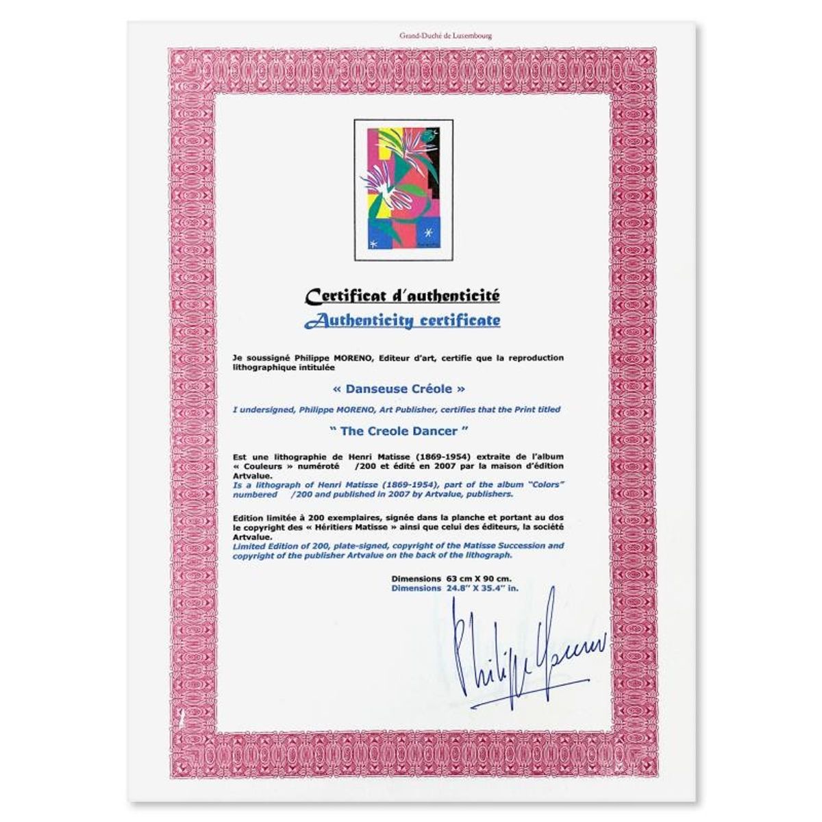 Henri Matisse 1869-1954 (After), "Danseuse Creole" Limited Edition Lithograph with Certificate of Authenticity.
