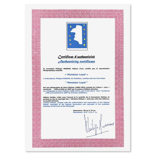 Henri Matisse 1869-1954 (After), "Monsieur Loyal" Limited Edition Lithograph with Certificate of Authenticity.
