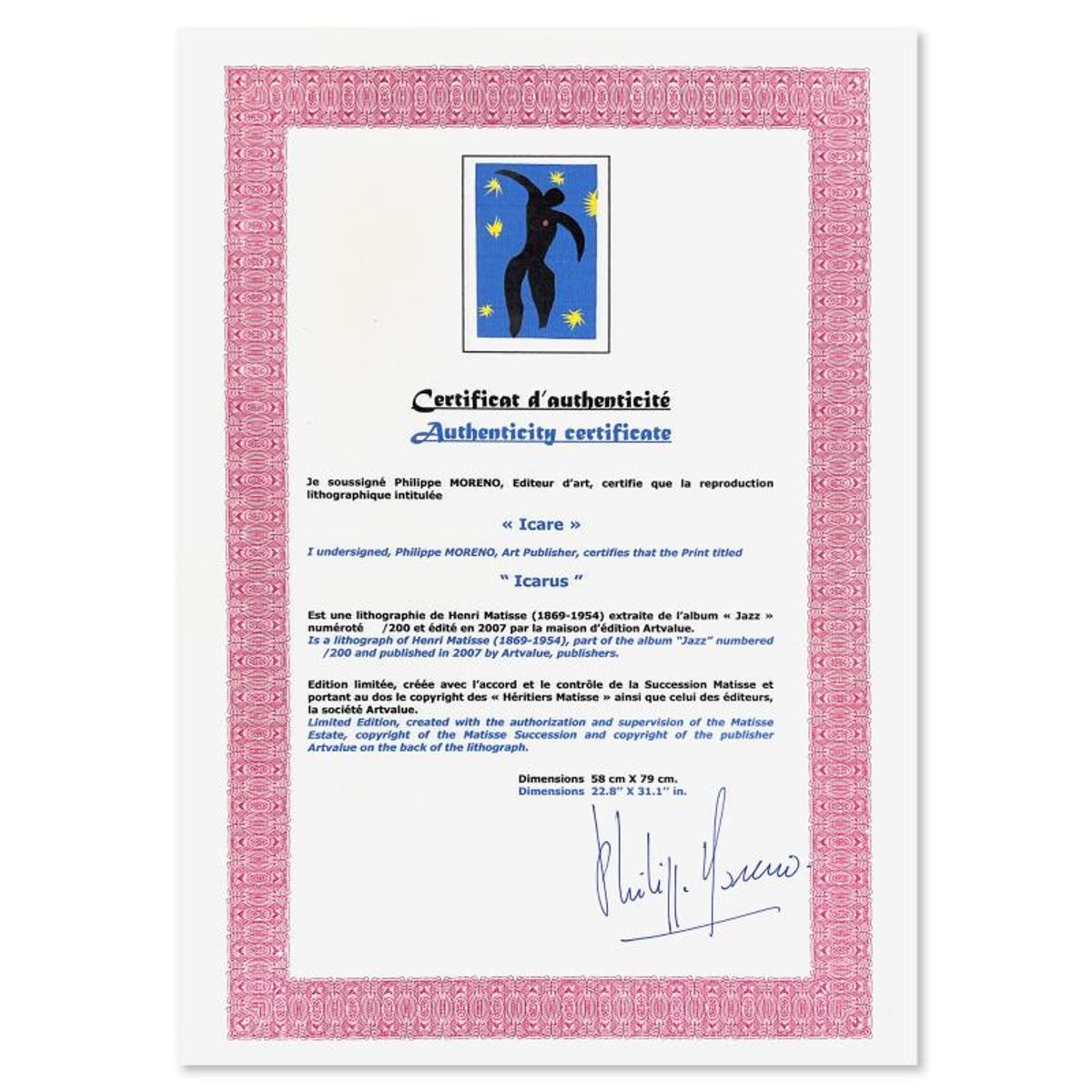 Henri Matisse 1869-1954 (After), "Icare (Icarus)" Limited Edition Lithograph with Certificate of Authenticity.
