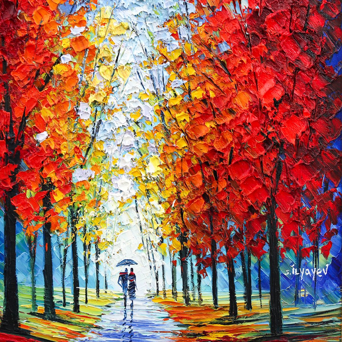 Slava Ilyayev- Original Oil Painting on Canvas "Autumn Lovers Walk"