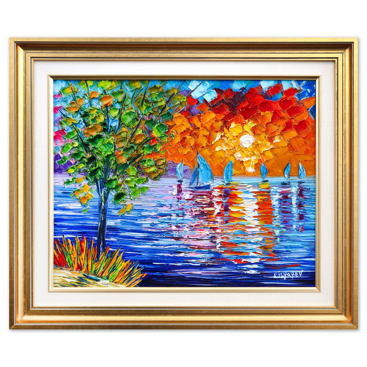 Slava Ilyayev- Original Oil Painting on Canvas "Sunset Harbor Sail"