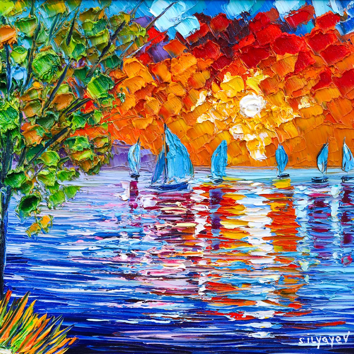 Slava Ilyayev- Original Oil Painting on Canvas "Sunset Harbor Sail"
