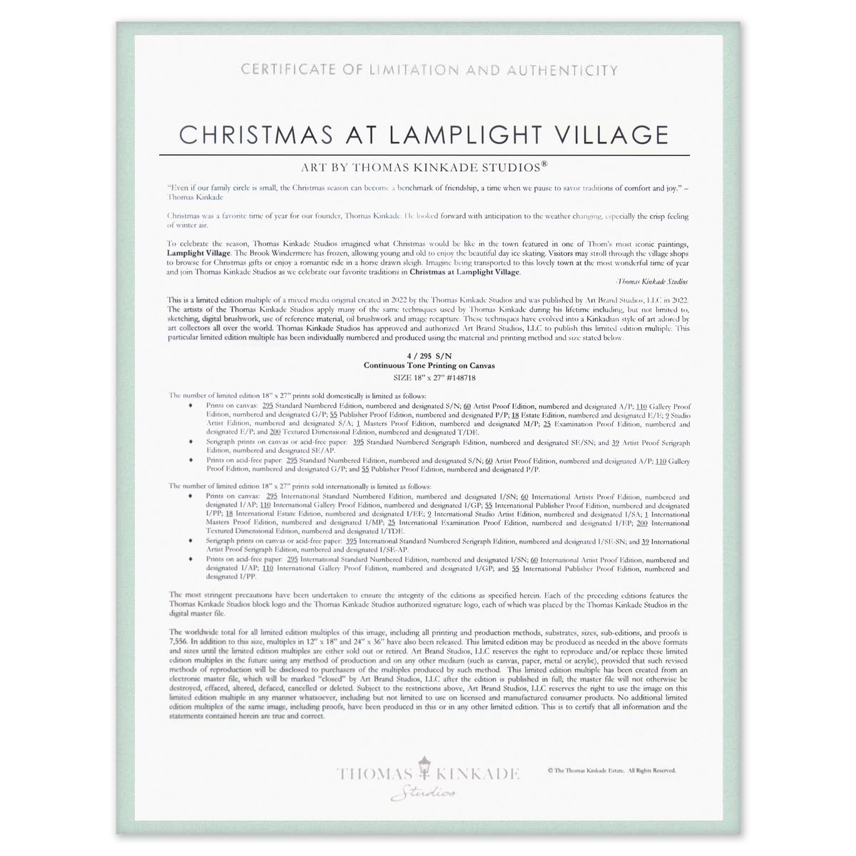 Thomas Kinkade- Hand Embellished Giclee on Canvas "Christmas at Lamplight Village"