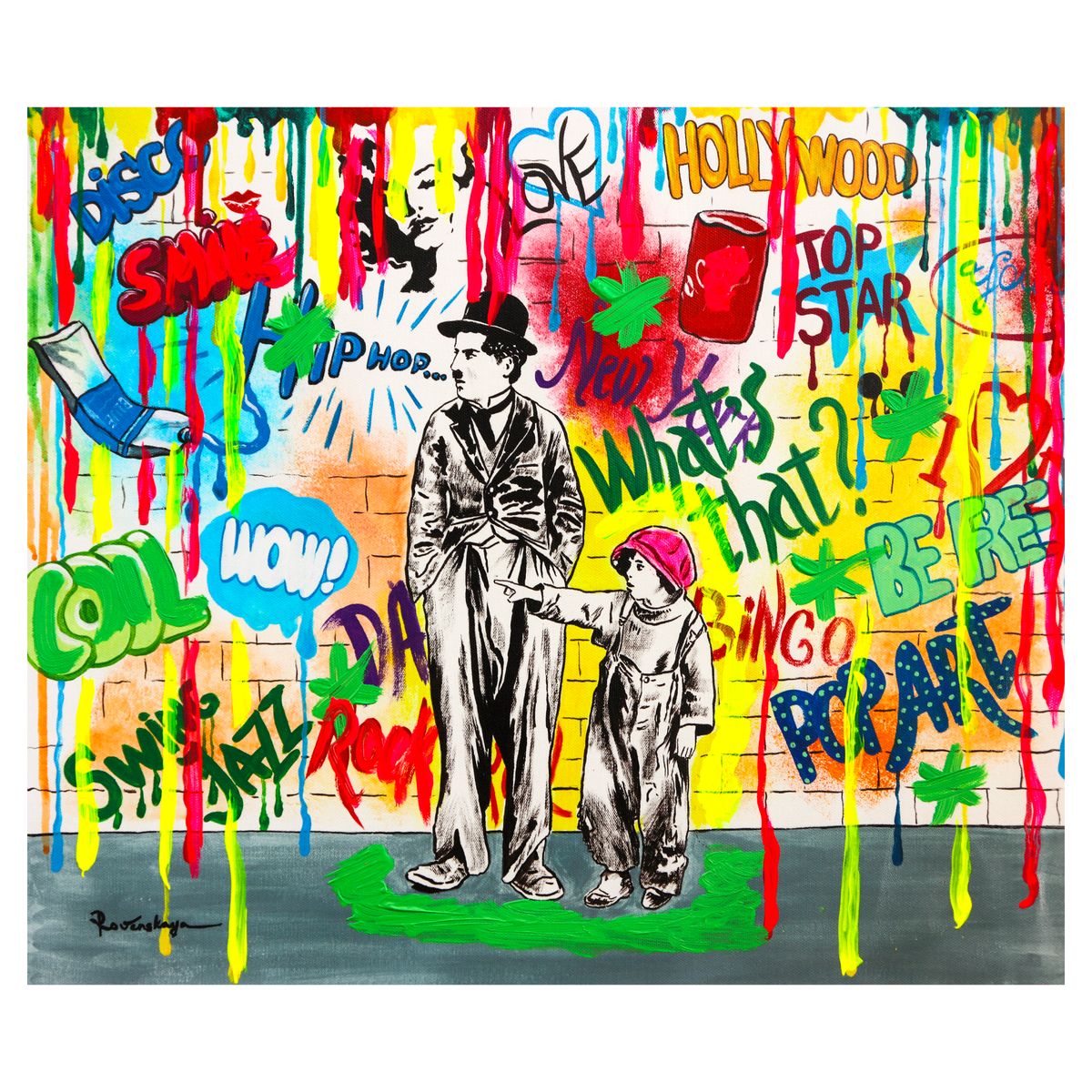 Nastya Rovenskaya- Mixed Media on Canvas "Wanna be like Chaplin"