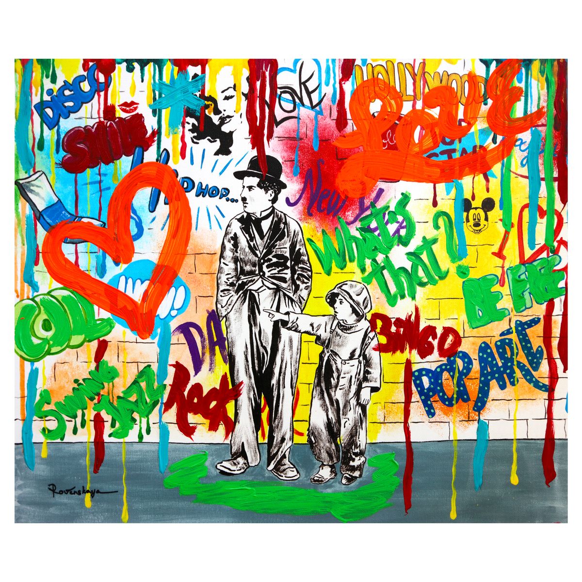 Nastya Rovenskaya- Mixed Media on Canvas "Wanna be like Chaplin"