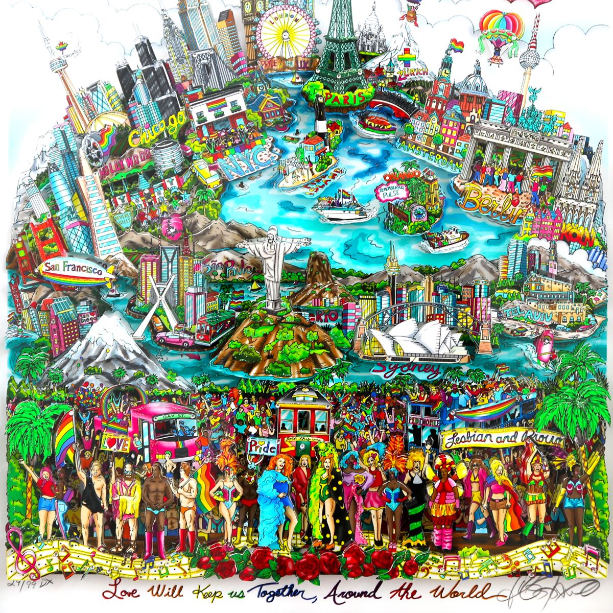 Charles Fazzino- 3D Construction Silkscreen Serigraph "Love Will Keep Us Together"