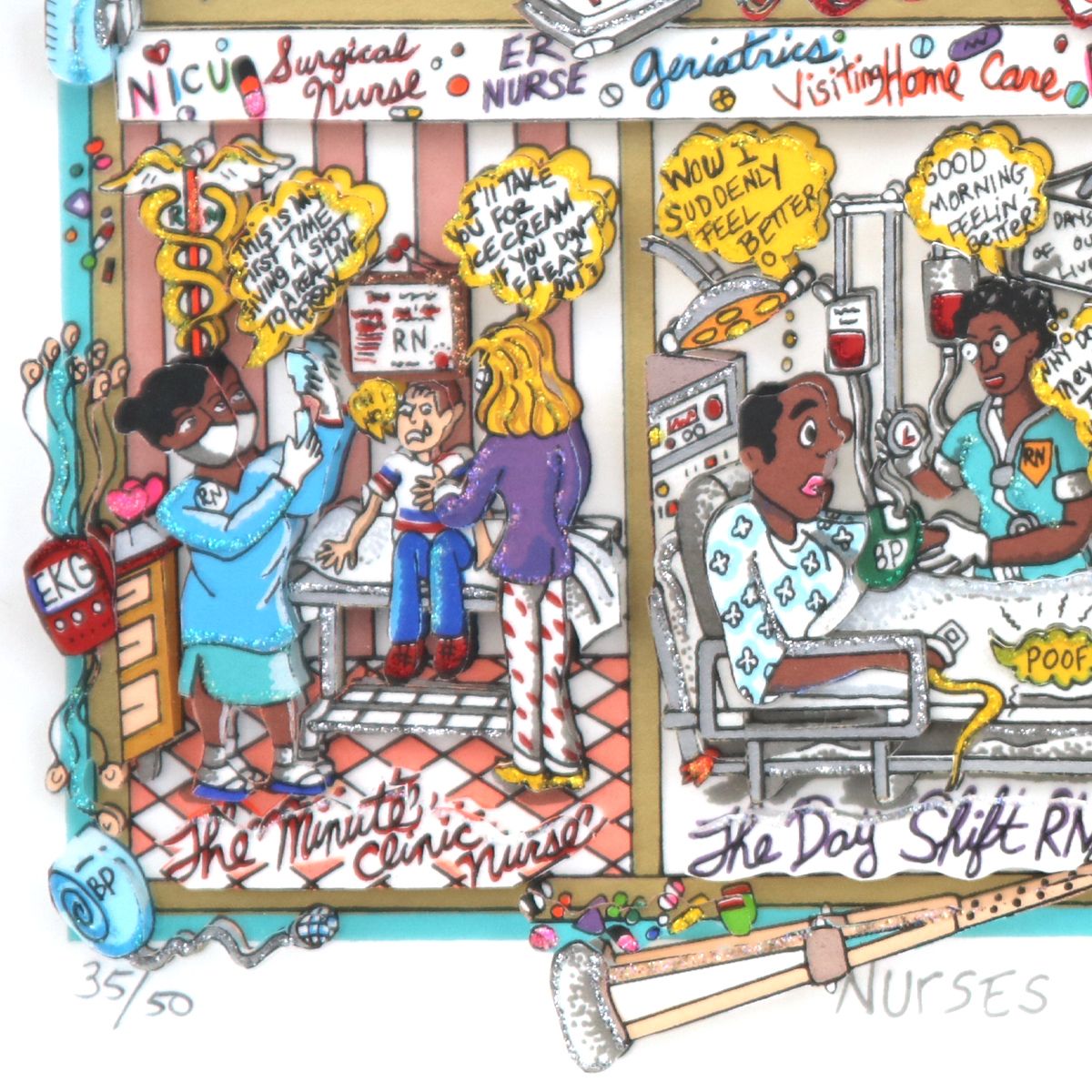 Charles Fazzino- 3D Construction Silkscreen Serigraph "Nurses Have Heart"