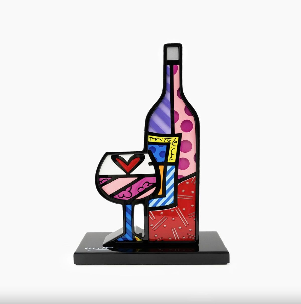 Romero Britto- Resin Sculpture with Hand Embellishments "Wine Bottle & Wine Glass"