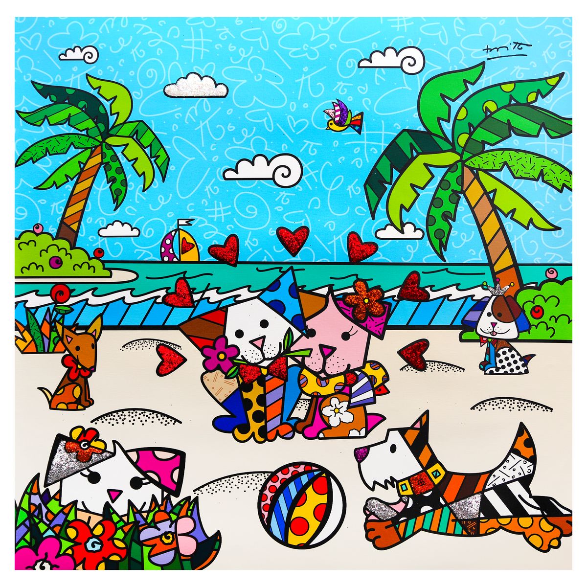 Romero Britto- Print on canvas with Diamond Dust hand embellishments "Palm Beach Dogs"