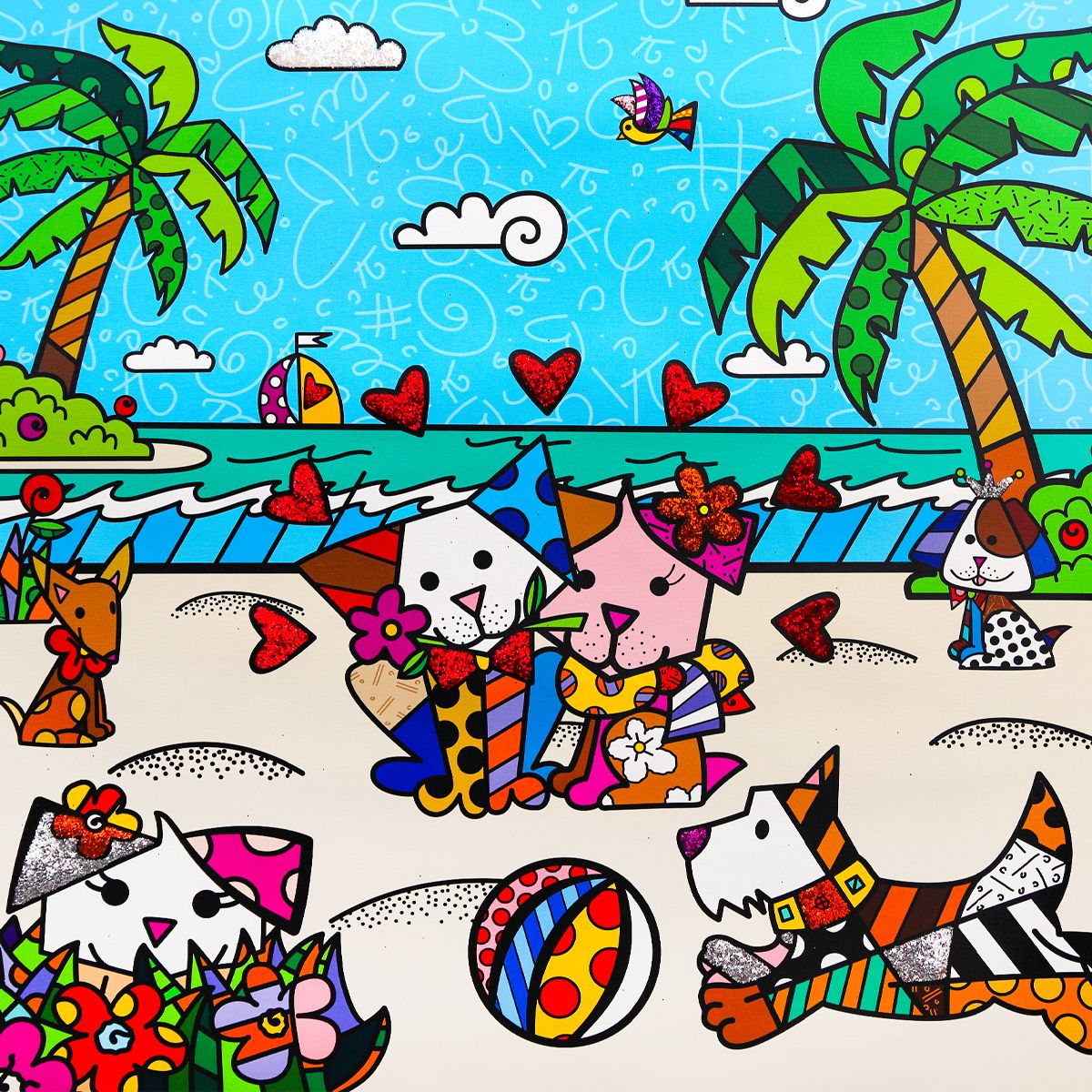 Romero Britto- Print on canvas with Diamond Dust hand embellishments "Palm Beach Dogs"