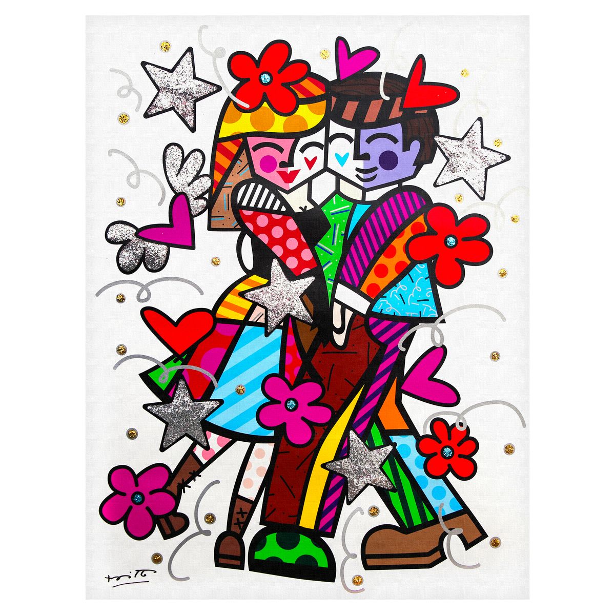 Romero Britto- Print on canvas with Diamond Dust hand embellishments "Cheek to cheek"