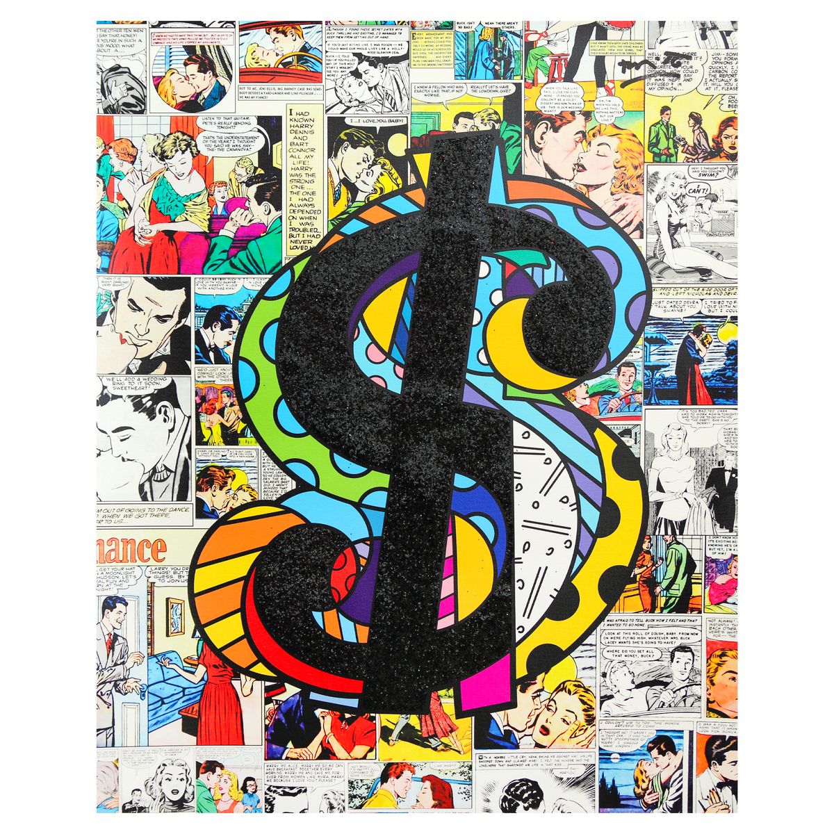 Romero Britto- Print on canvas with Diamond Dust hand embellishments "Currency of Love"