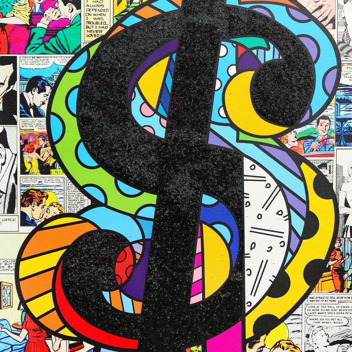 Romero Britto- Print on canvas with Diamond Dust hand embellishments "Currency of Love"