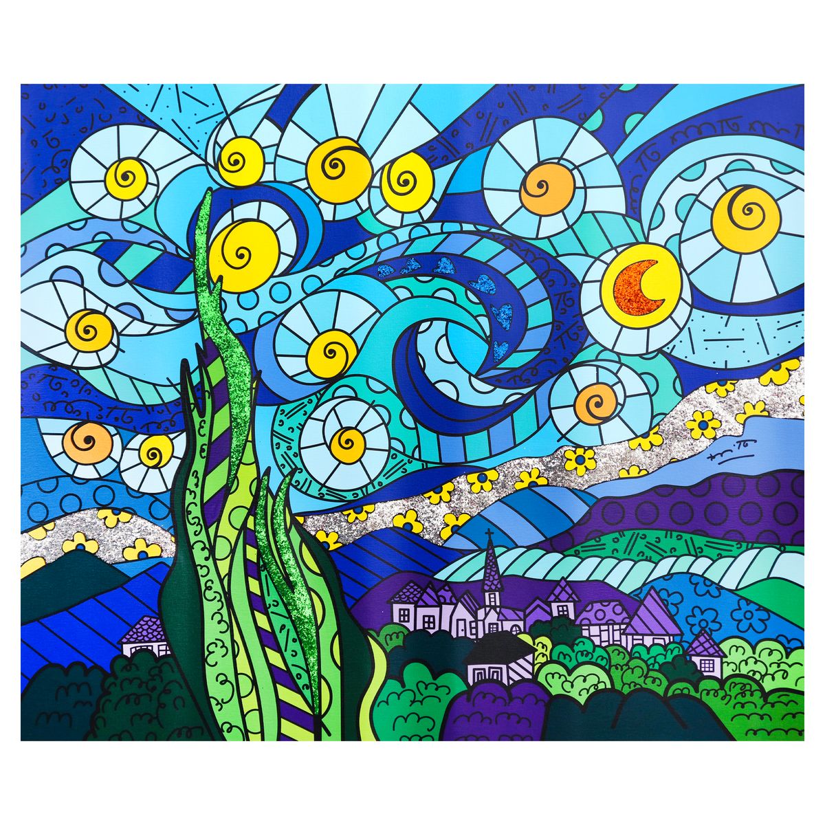 Romero Britto- Print on canvas with Diamond Dust hand embellishments "My Starry Night"
