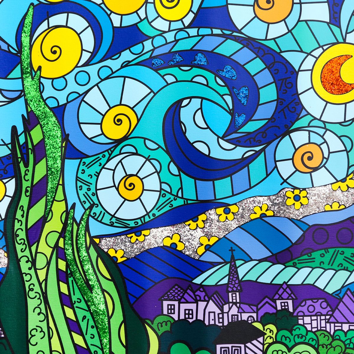 Romero Britto- Print on canvas with Diamond Dust hand embellishments "My Starry Night"