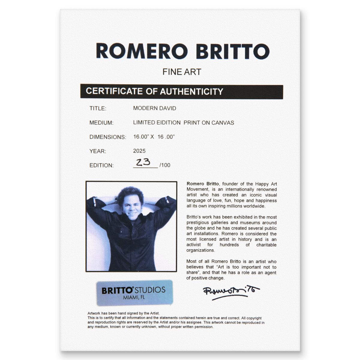 Romero Britto- Print on canvas with Diamond Dust hand embellishments "Modern David"