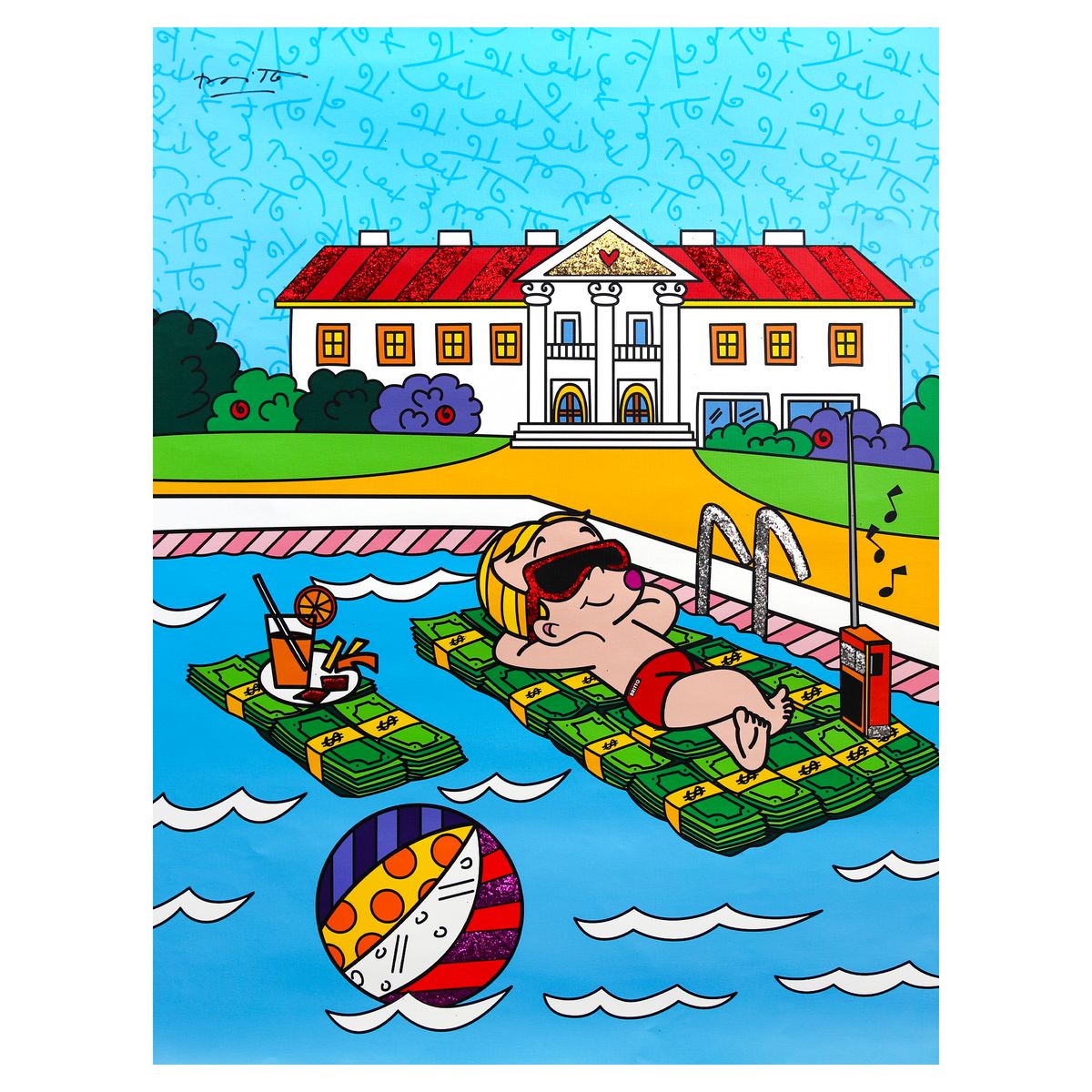 Romero Britto- Print on canvas with Diamond Dust hand embellishments "Life is Good"