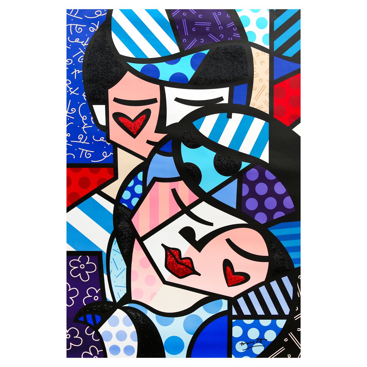 Romero Britto- Print on canvas with Diamond Dust hand embellishments "Embracing Love"