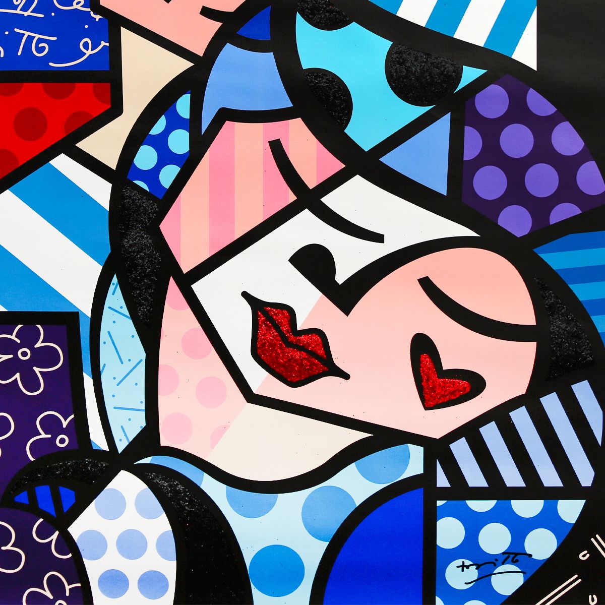 Romero Britto- Print on canvas with Diamond Dust hand embellishments "Embracing Love"