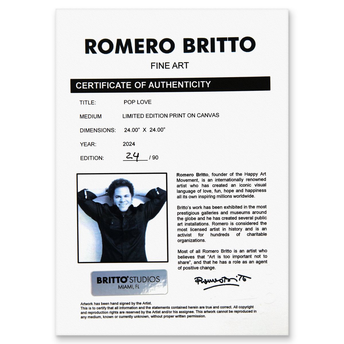 Romero Britto- Print on canvas with Diamond Dust hand embellishments "Pop Love"