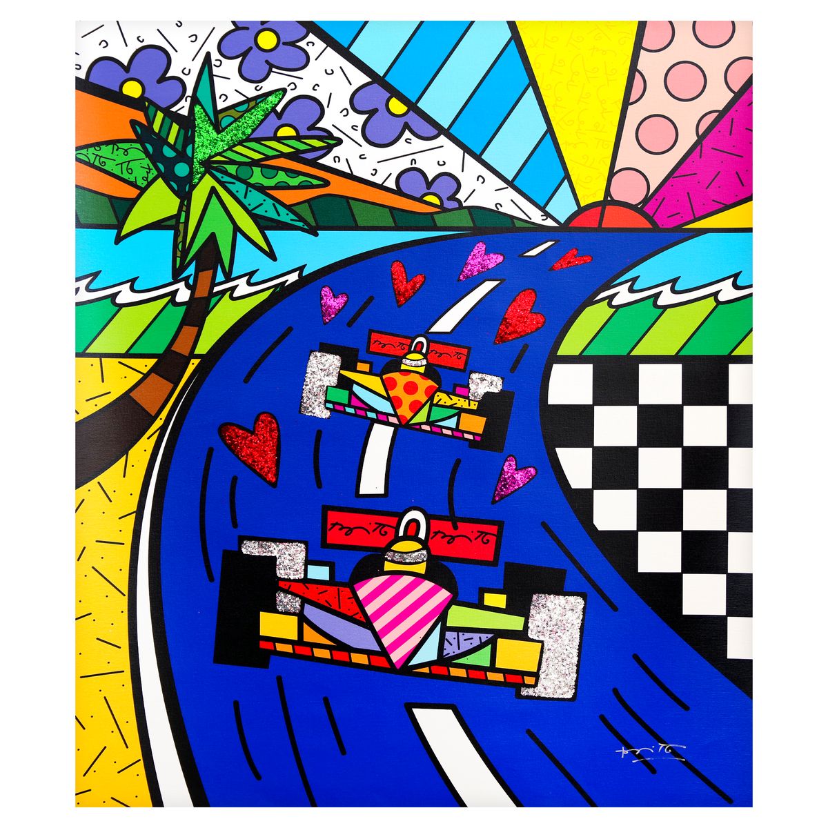 Romero Britto- Print on canvas with Diamond Dust hand embellishments "Miami Grand Prix"