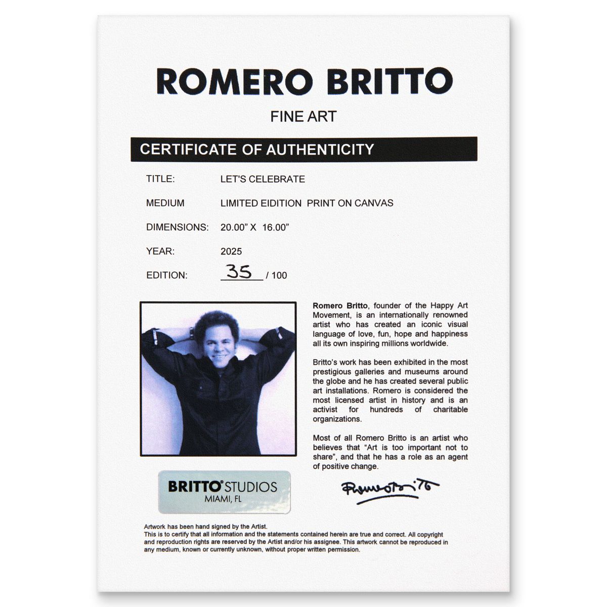 Romero Britto- Print on canvas with Diamond Dust hand embellishments "Let’s Celebrate"