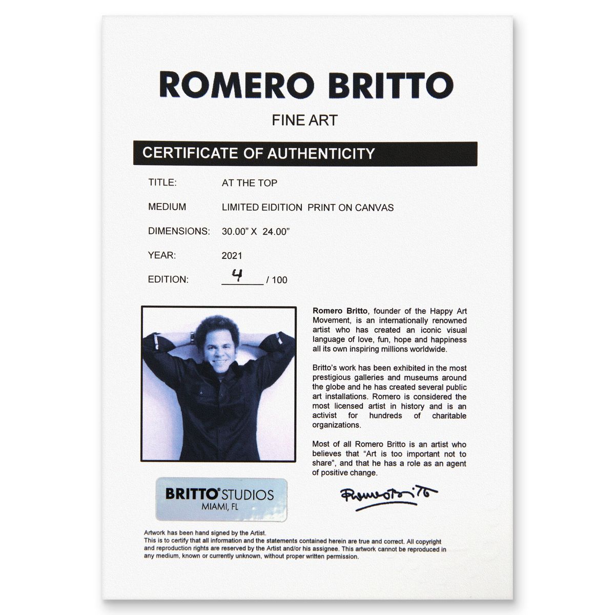 Romero Britto- Print on canvas with Diamond Dust hand embellishments "At the Top"