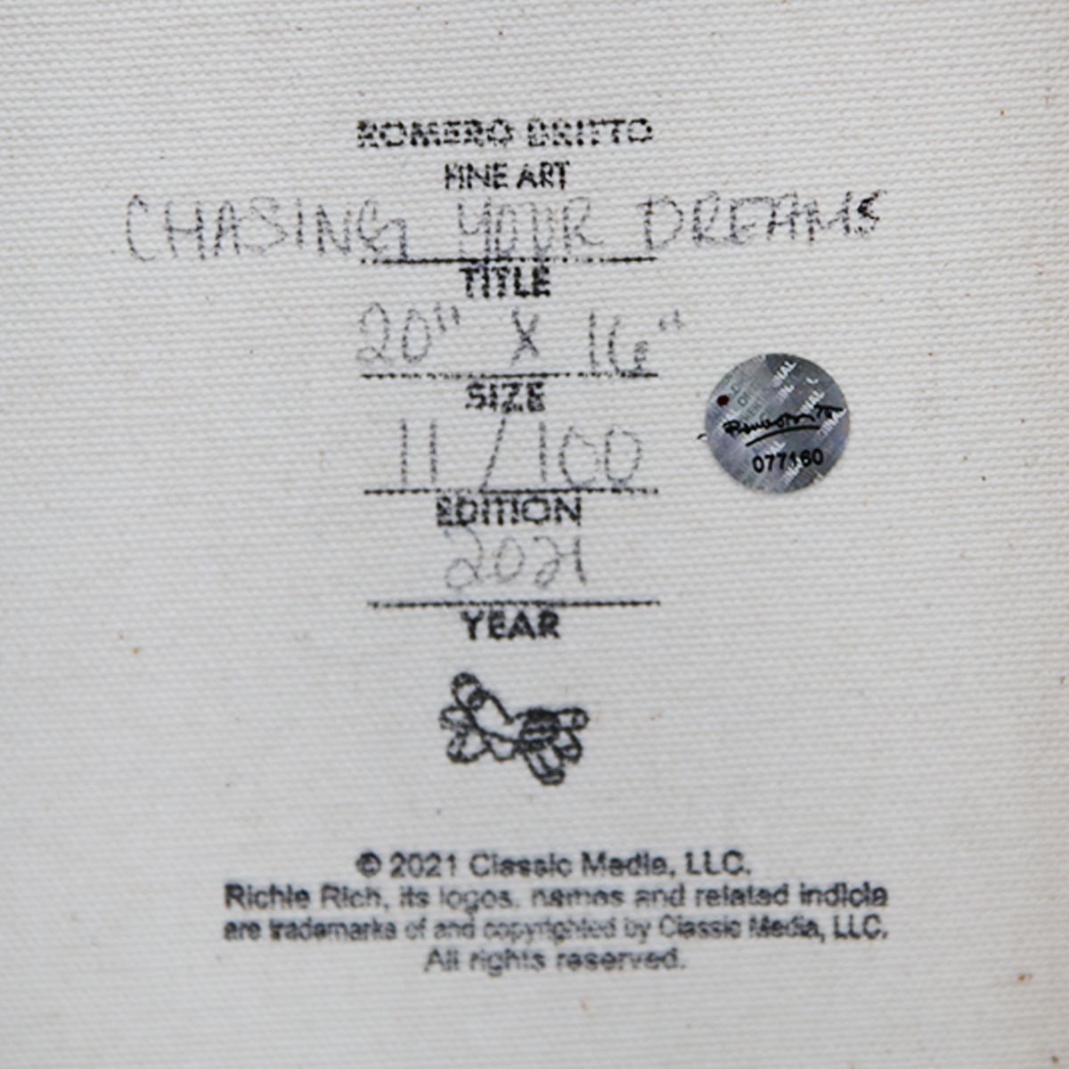 Romero Britto- Print on canvas with Diamond Dust hand embellishments "Chasing your Dreams"