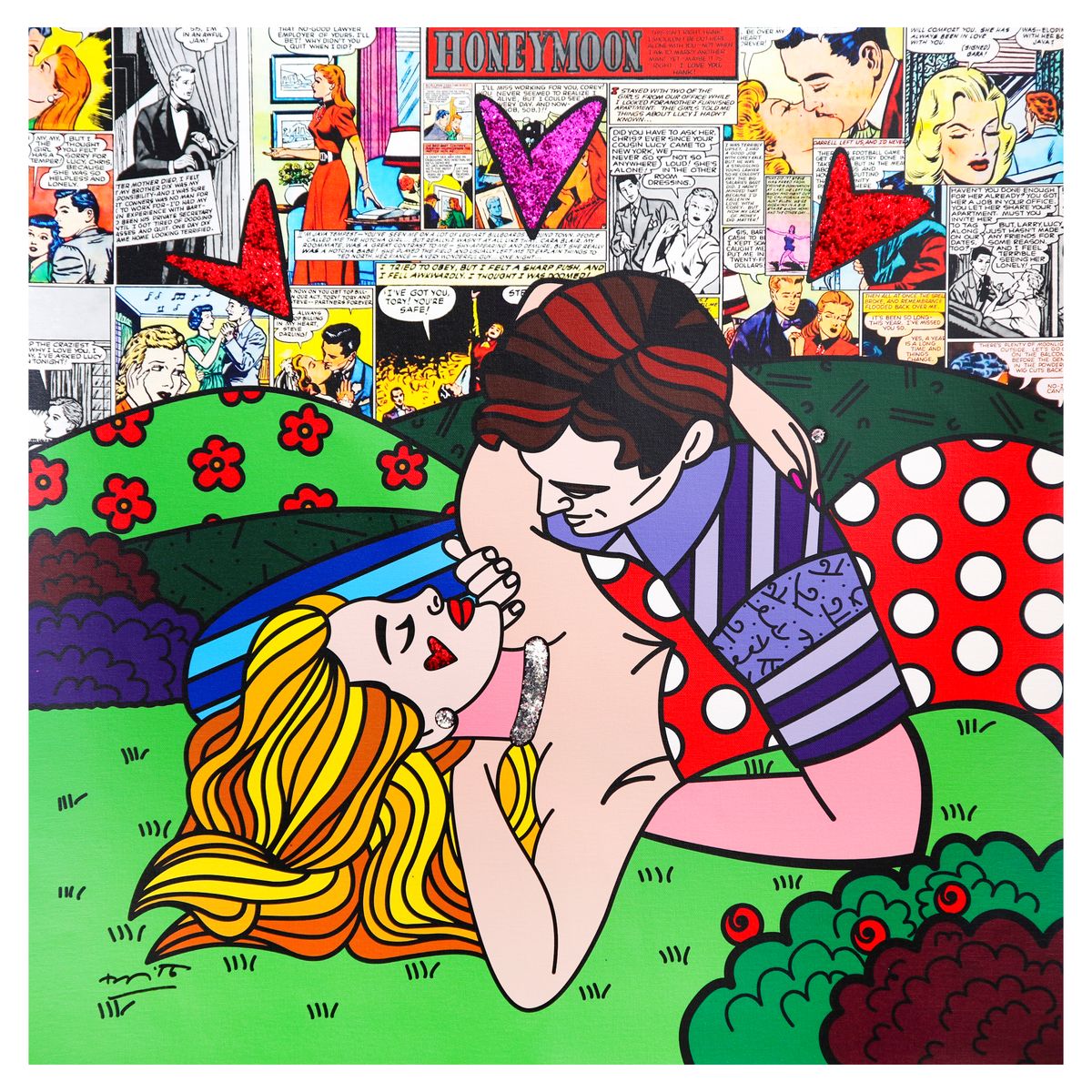 Romero Britto- Print on canvas with Diamond Dust hand embellishments "From Here to Eternity"