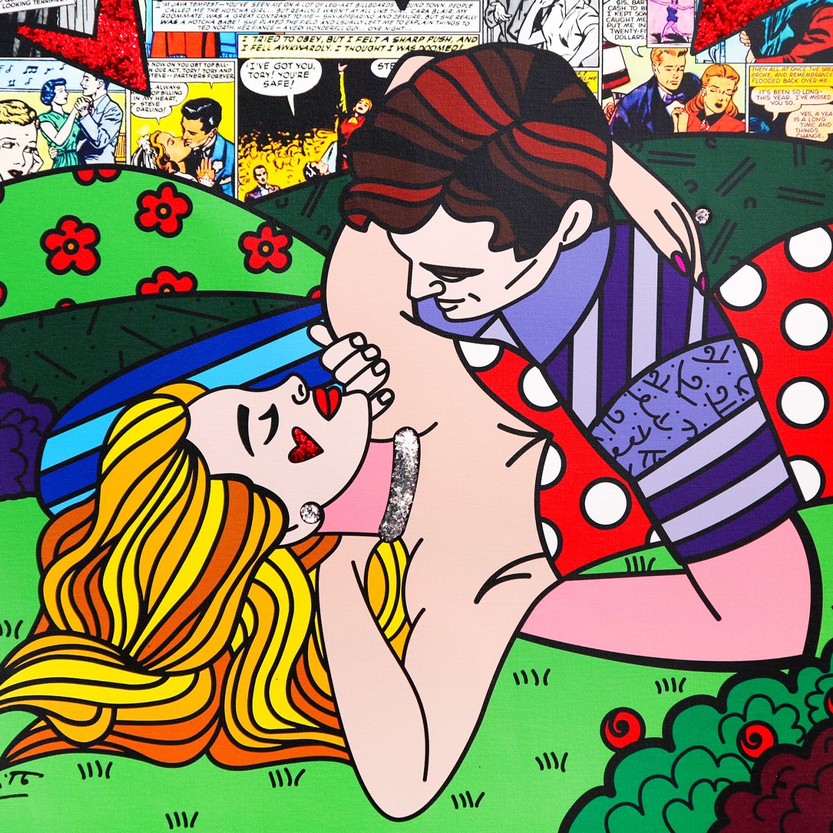 Romero Britto- Print on canvas with Diamond Dust hand embellishments "From Here to Eternity"