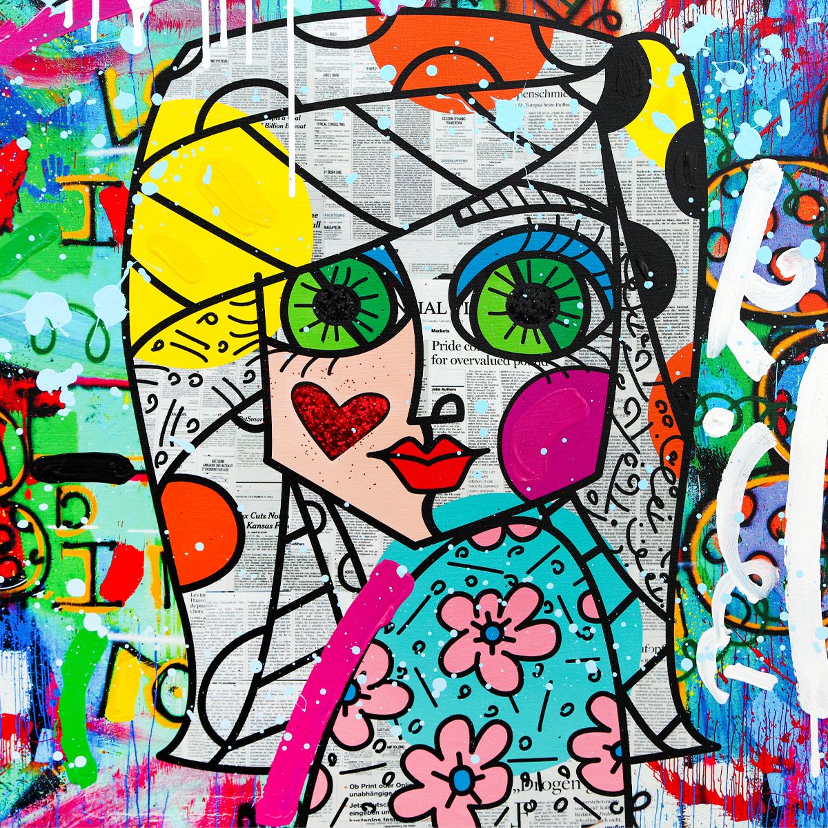 Romero Britto- Original Mixed Media on Canvas "Look me in the eyes"