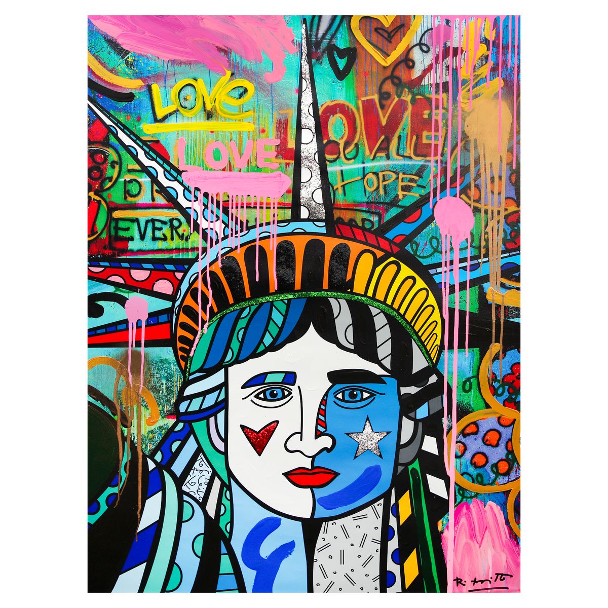 Romero Britto- Original Mixed Media on Canvas "Love for Freedon"