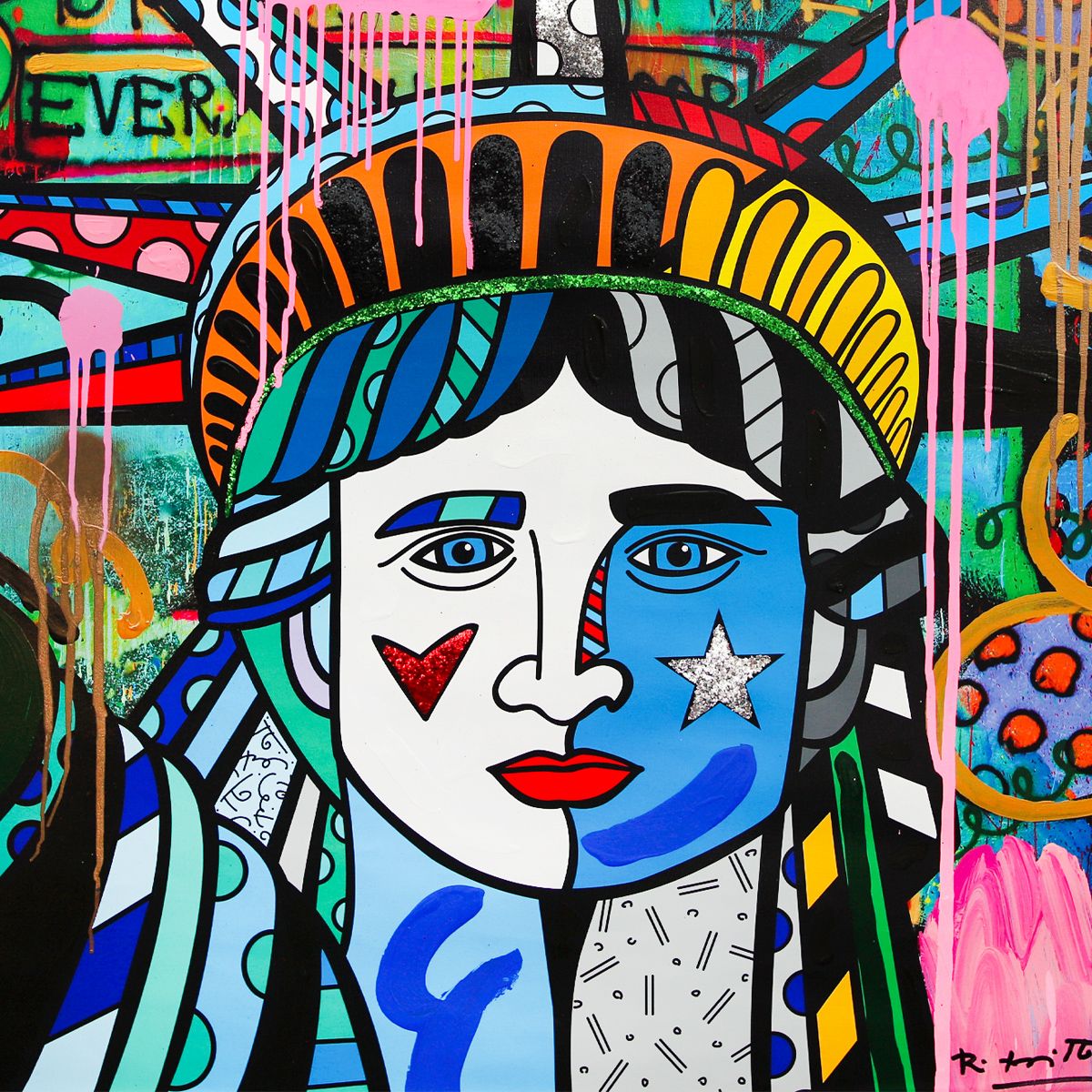 Romero Britto- Original Mixed Media on Canvas "Love for Freedon"