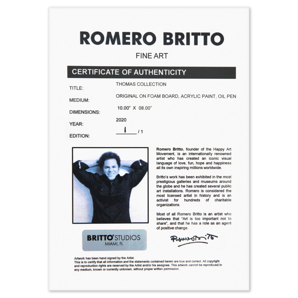 Romero Britto- Original on Foam Board, Acrylic, Oil Pen "Thomas Collection"