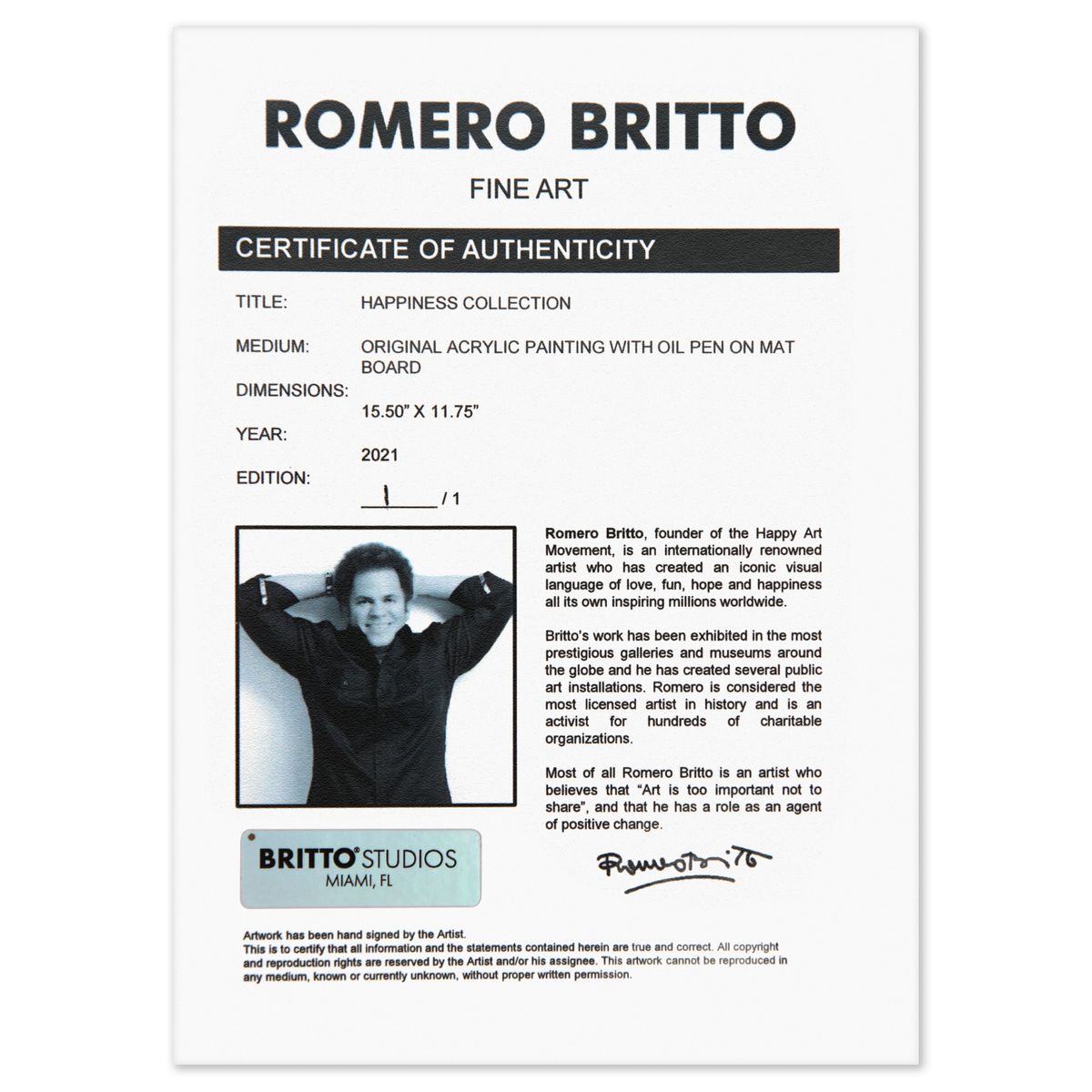 Romero Britto- Original Acrylic Painting with Oil Pen on Mat Board "Happiness Collection"