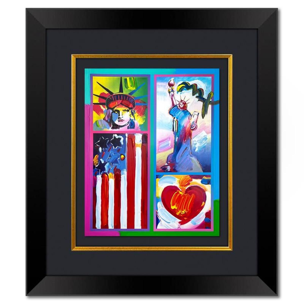 Peter Max- Original Mixed Media "2 Liberties, Flag and Heart"