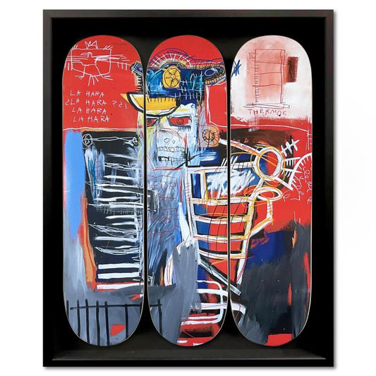 Jean-Michel Basquiat (1960-1988), "La Hara, 1981" Framed Skateboard Triptych, Plate Signed with Letter of Authenticity.