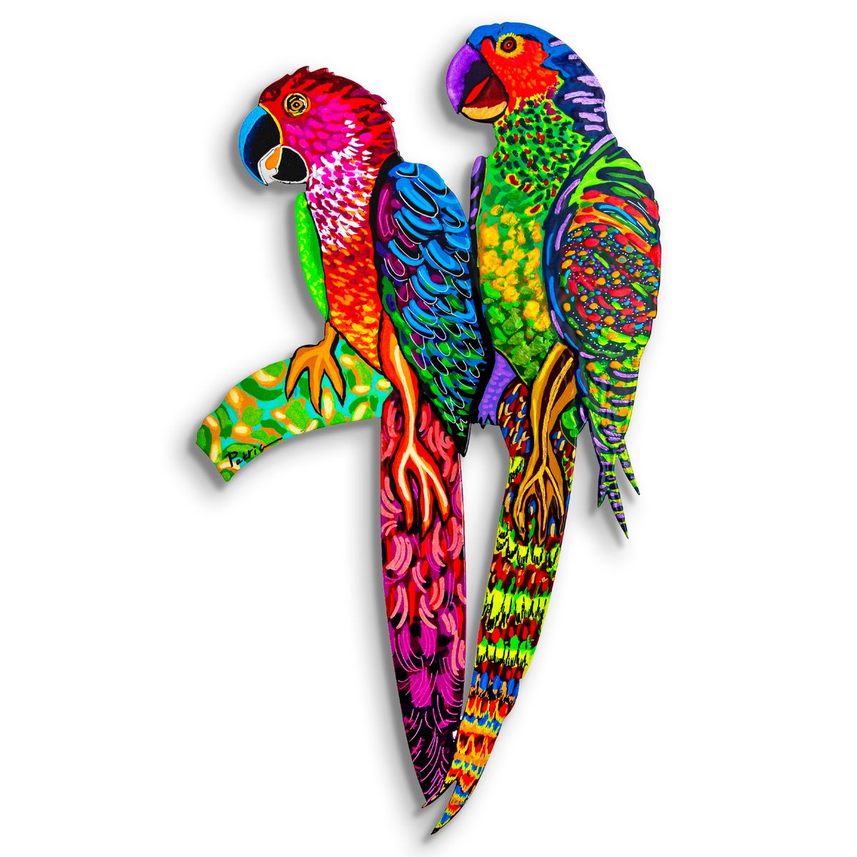 Patricia Govezensky- Original Painting on Laser Cut Steel "Two Parrots"
