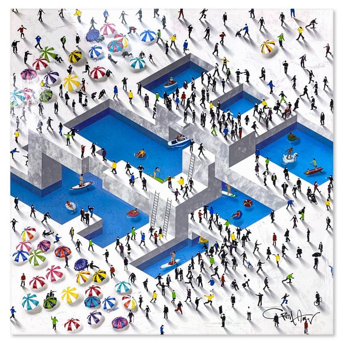 Craig Alan, "Populus: Conceptual, Swim Complex" One-of-a-Kind Mixed Media on Board with High Gloss, Hand Signed with Letter of Authenticity.