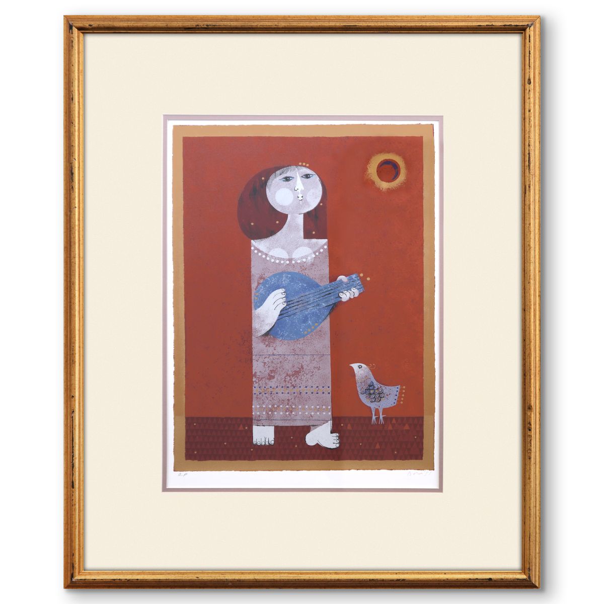 Samy Briss- Serigraph "Woman with bird and mandolin"